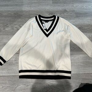 Alice + Olivia Cream V-Neck Sweater with Black Stripe Trim